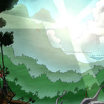 Scenic view with dinosaurs in the background grazing the treetops