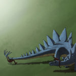 stegosaurus with a small dinosaur on its tail